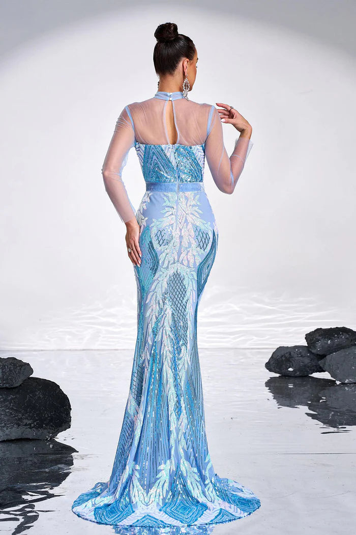 Weitese Dress Sparkly Ligth Blue Mermaid Printed Illusion Sleeves Maxi Dress Prom Dress Sweep Brush Train Evening Dress